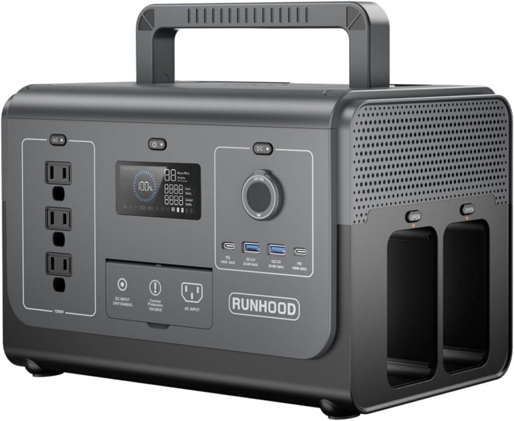 RUNHOOD Portable Power Station HE1200 (Battery Not Included), 3X1200W(Peak 2400) Pure Sine Wave AC Outlet Solar Generator for Outdoors Camping/Emergency/RVs/CPAP/Home