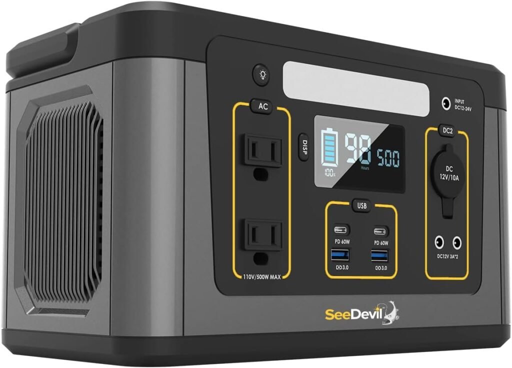SeeDevil Portable Power Station 500W, 560Wh Lithium Battery, 110V/500W Pure Sine Wave AC Outlet, Solar Generator (Solar Panel Not Included) Great for Camping, Emergency Power, Off-Grid, Outdoor use