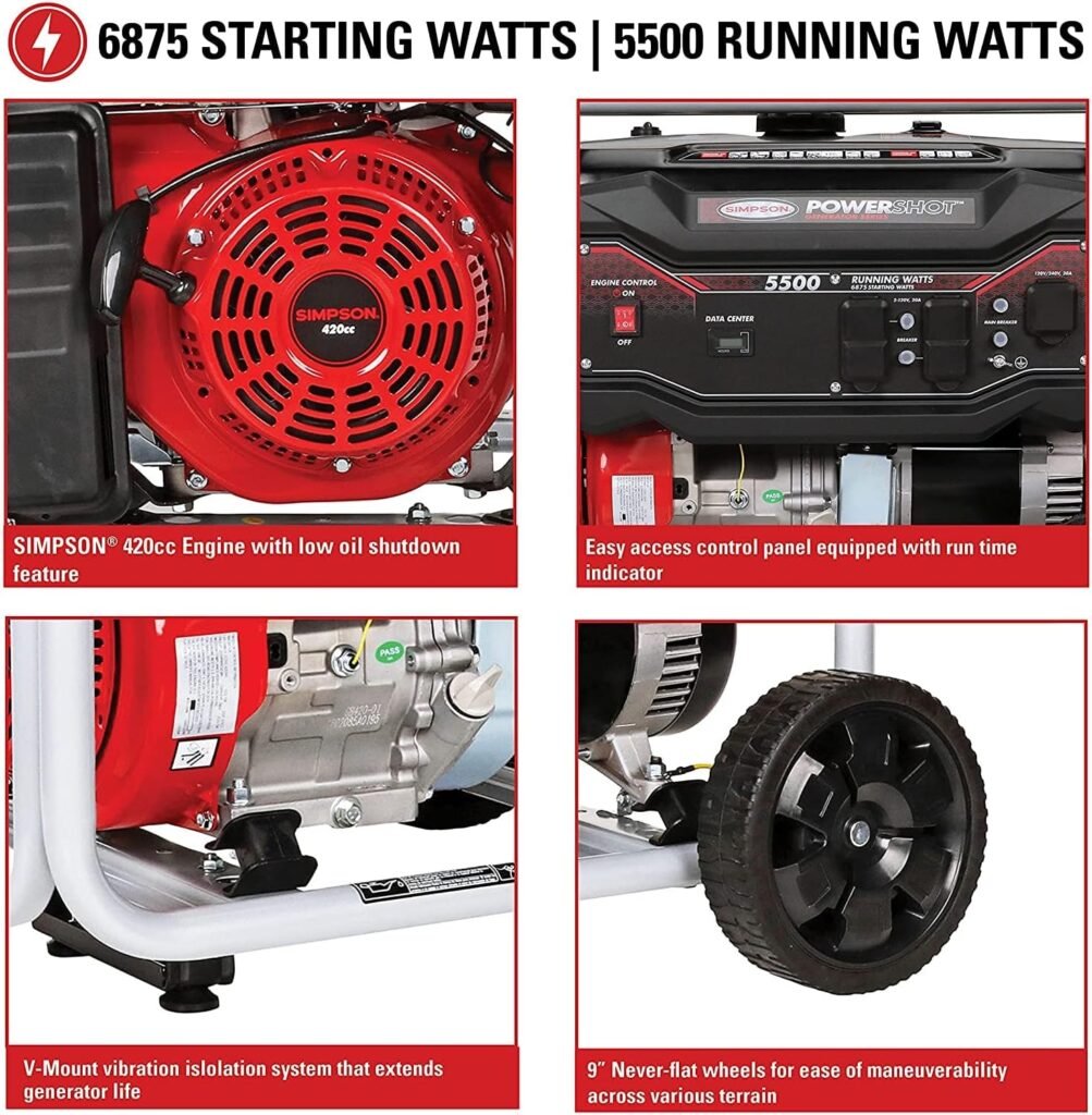 SIMPSON Cleaning SPG5568 Portable Gas Generator and Power Station for Camping, RV, Home Use, Construction, and More, 5500 Running Watts 6875 Starting Watts
