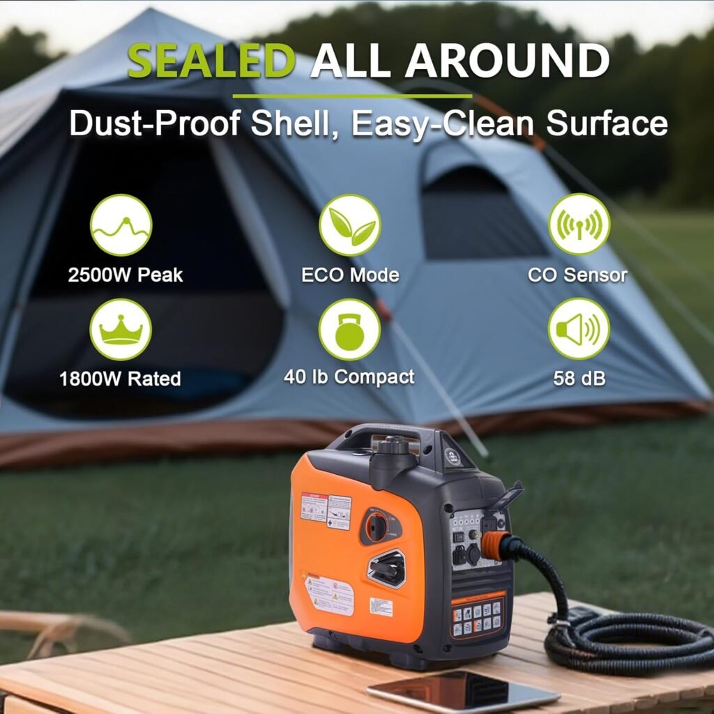 2500W Portable Gas Generator, Quiet Inverter Generator for Camping, Gas Powered Generators with CO Sensor for Home Emergency Backup, Outdoor, Orange