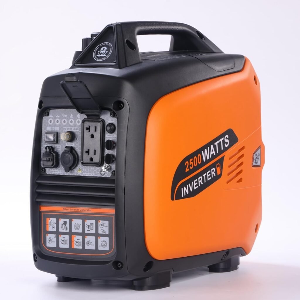 2500W Portable Gas Generator, Quiet Inverter Generator for Camping, Gas Powered Generators with CO Sensor for Home Emergency Backup, Outdoor, Orange