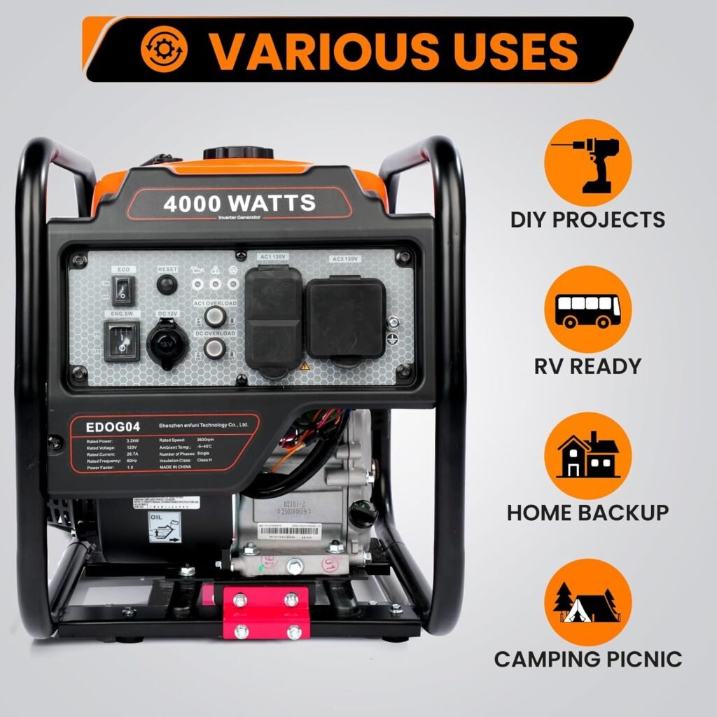 4000W Portable Inverter Generator for Home Use, Lightweight  Quiet Outdoor Generators for Camping RV Emergency Power Backup, 208CC Gas Powered Engine with ECO Mode, EPA Compliant