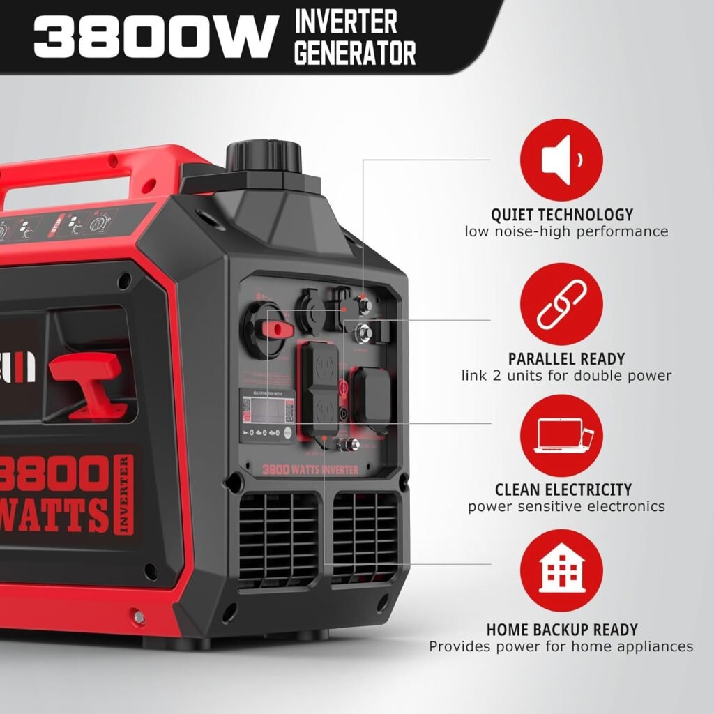Amerisun 3800-Watt Portable Inverter Generator, Super Quiet Generators for Home Use, Outdoor Camping, RV Ready 30A Outlet, Digital Display, Parallel Ready, EPA Compliant