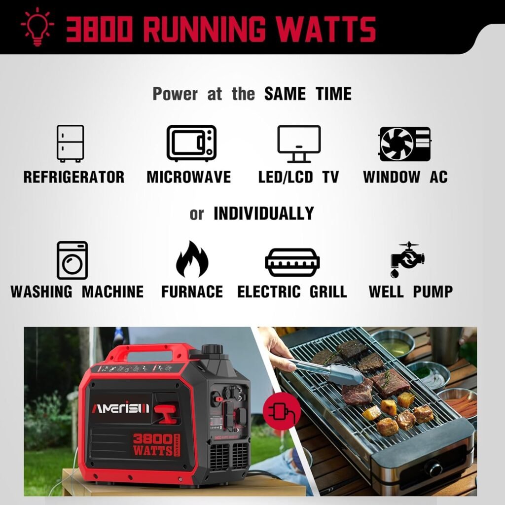 Amerisun 3800-Watt Portable Inverter Generator, Super Quiet Generators for Home Use, Outdoor Camping, RV Ready 30A Outlet, Digital Display, Parallel Ready, EPA Compliant