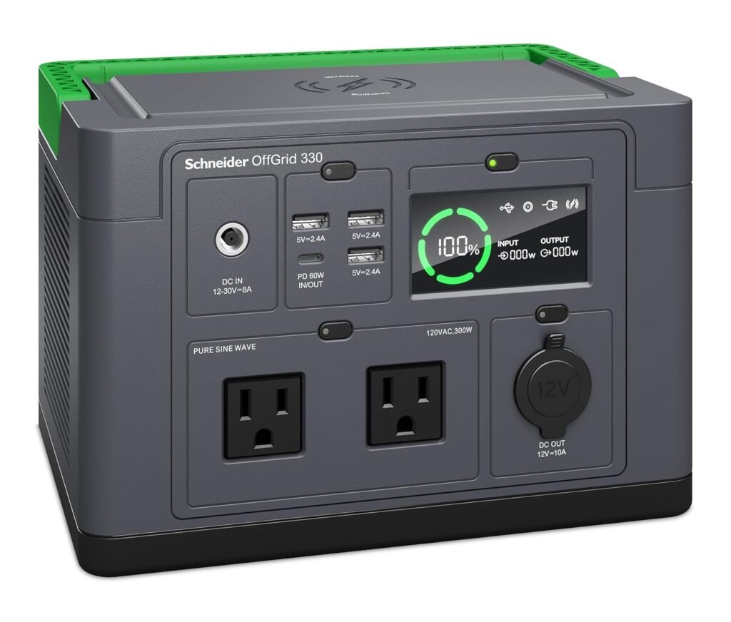 Schneider OffGrid Portable Power Station 300W, PPS330, Lightweight 332Wh Solar Generator: 2 AC Outlets, 60W USB-C PD Output, Wireless Charging, LED Light, for Camping, RV, Home Backup