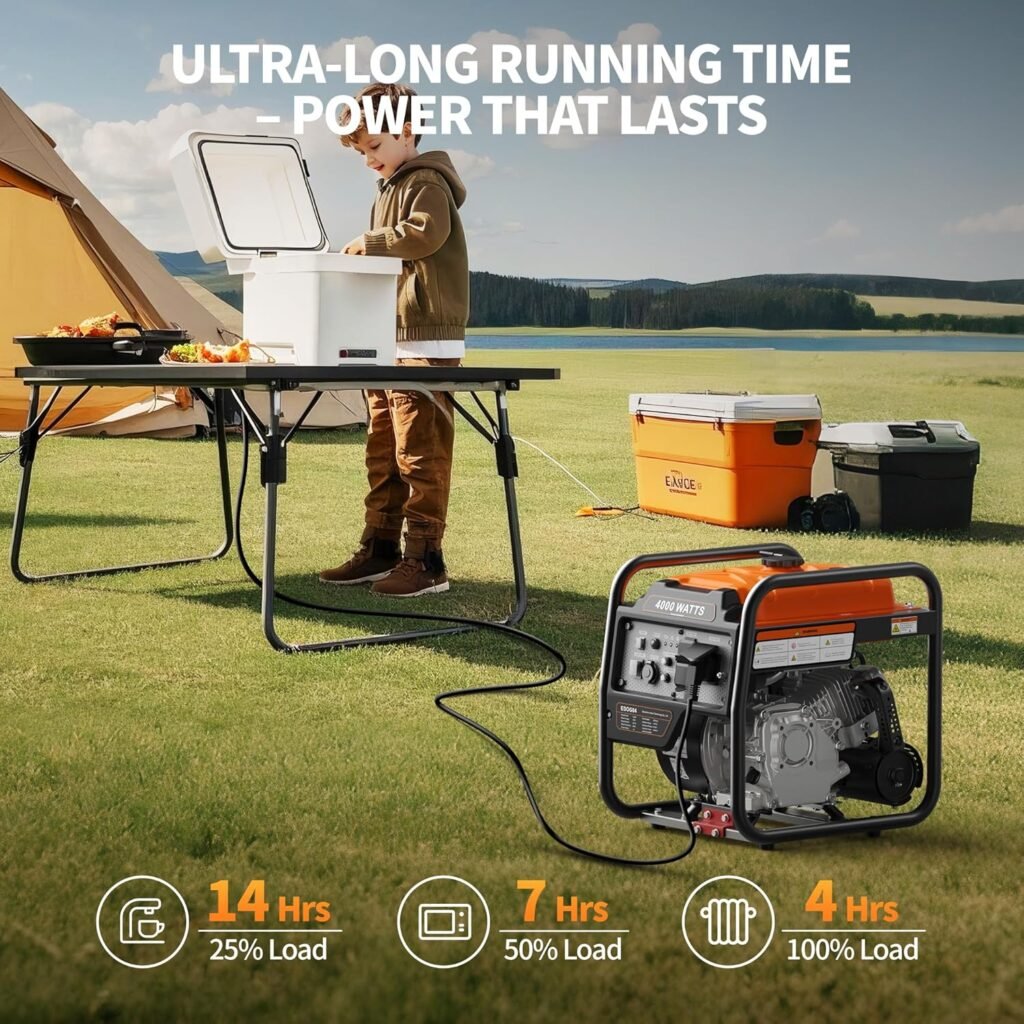 4000W Portable Inverter Generator, Gas Powered Open Frame Design with Long Runtime, ECO Mode, Low Oil Shutoff  Quiet Technology — for RV Camping, Home Backup, Farm, Jobsite  Small Business 4000W Portable Inverter Generator, Gas Powered Open Frame Design with Long Runtime, ECO Mode, Low Oil Shutoff  Quiet Technology — for RV Camping, Home Backup, Farm, Jobsite  Small Business