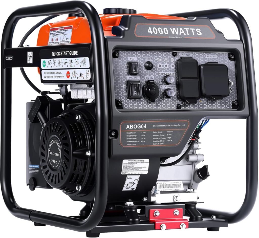4000W Portable Inverter Generator, Gas Powered Open Frame Design with Long Runtime, ECO Mode, Low Oil Shutoff  Quiet Technology — for RV Camping, Home Backup, Farm, Jobsite  Small Business 4000W Portable Inverter Generator, Gas Powered Open Frame Design with Long Runtime, ECO Mode, Low Oil Shutoff  Quiet Technology — for RV Camping, Home Backup, Farm, Jobsite  Small Business