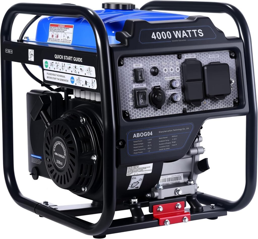 4000W Portable Inverter Generator, Gas Powered, Open Frame Generator with ECO Mode, Low Oil Shutoff, Quiet Operation  120V/30A RV Outlet, for Home Backup, Camping, Jobsite  Outdoor Use