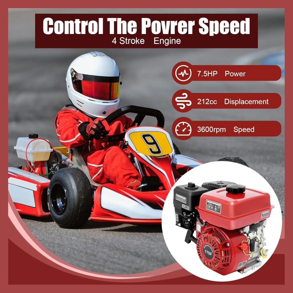 7.5 HP Gas Engine Motor, 212CC 4 Stroke Go Kart Engine with Manual Starter, Mini Bike Engine with Air Cooling System for Go Kart Log Splitter Lawnmowers