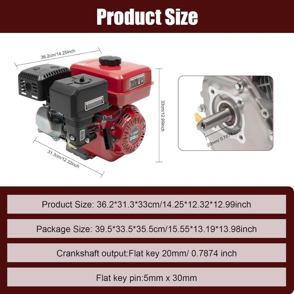 7.5 HP Gas Engine Motor, 212CC 4 Stroke Go Kart Engine with Manual Starter, Mini Bike Engine with Air Cooling System for Go Kart Log Splitter Lawnmowers