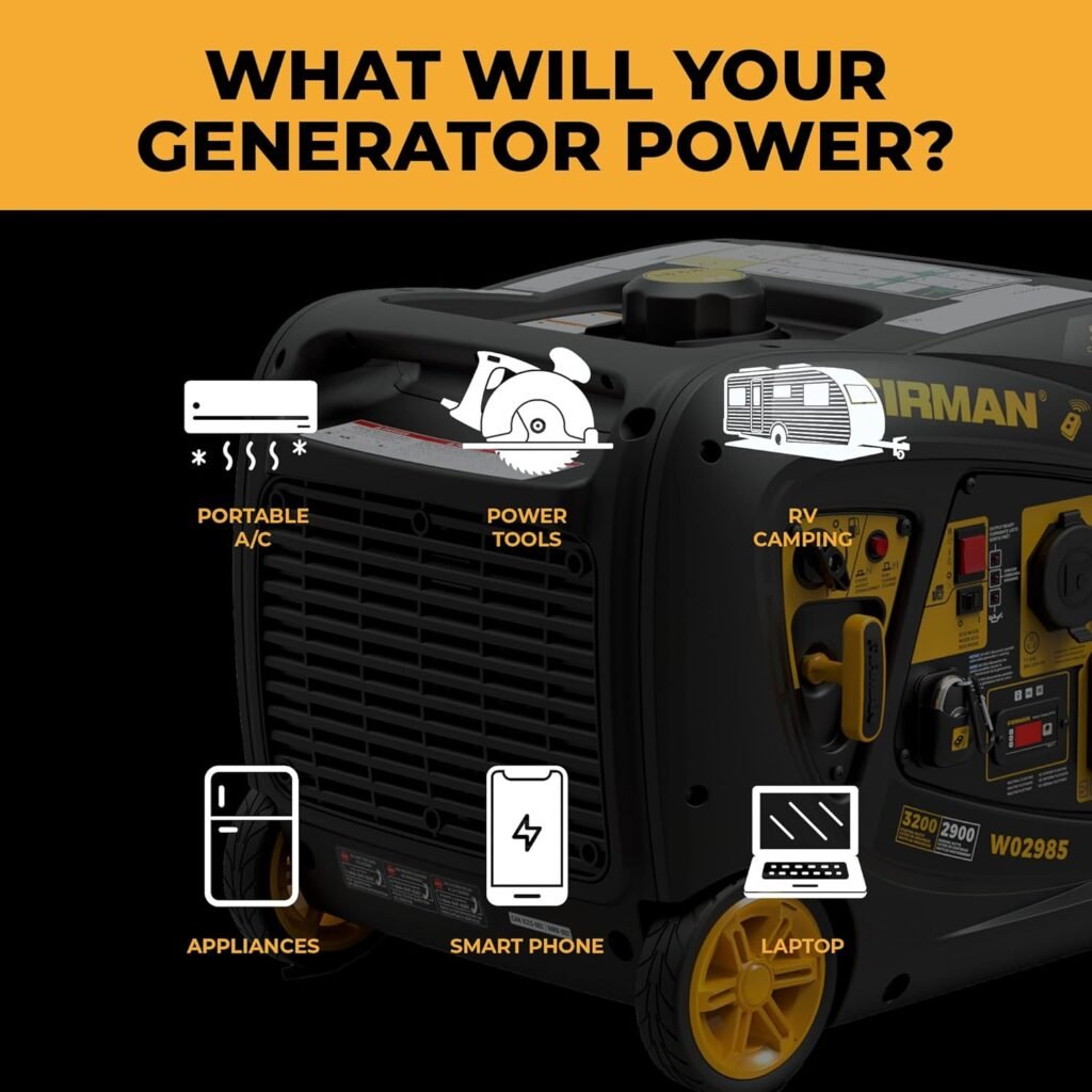 FIRMAN W02985 Gas Inverter Portable Generator, 3200W Remote Start, Quiet 58dB, 1.8-Gal Tank, 9 Hrs Runtime, Wheel Kit, RV Ready, Use for Camping, Tailgating  Outdoor Recreation