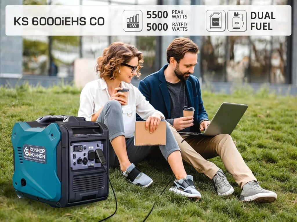 KonnerSohnen Dual Fuel Inverter Generator - 5500W, 120/240V, Portable and Lightweight, Super Quiet with CO Sensor and Fuel-Efficient Technology, Gas  LPG Powered (German brand,model:KS 6000iEHS CO)