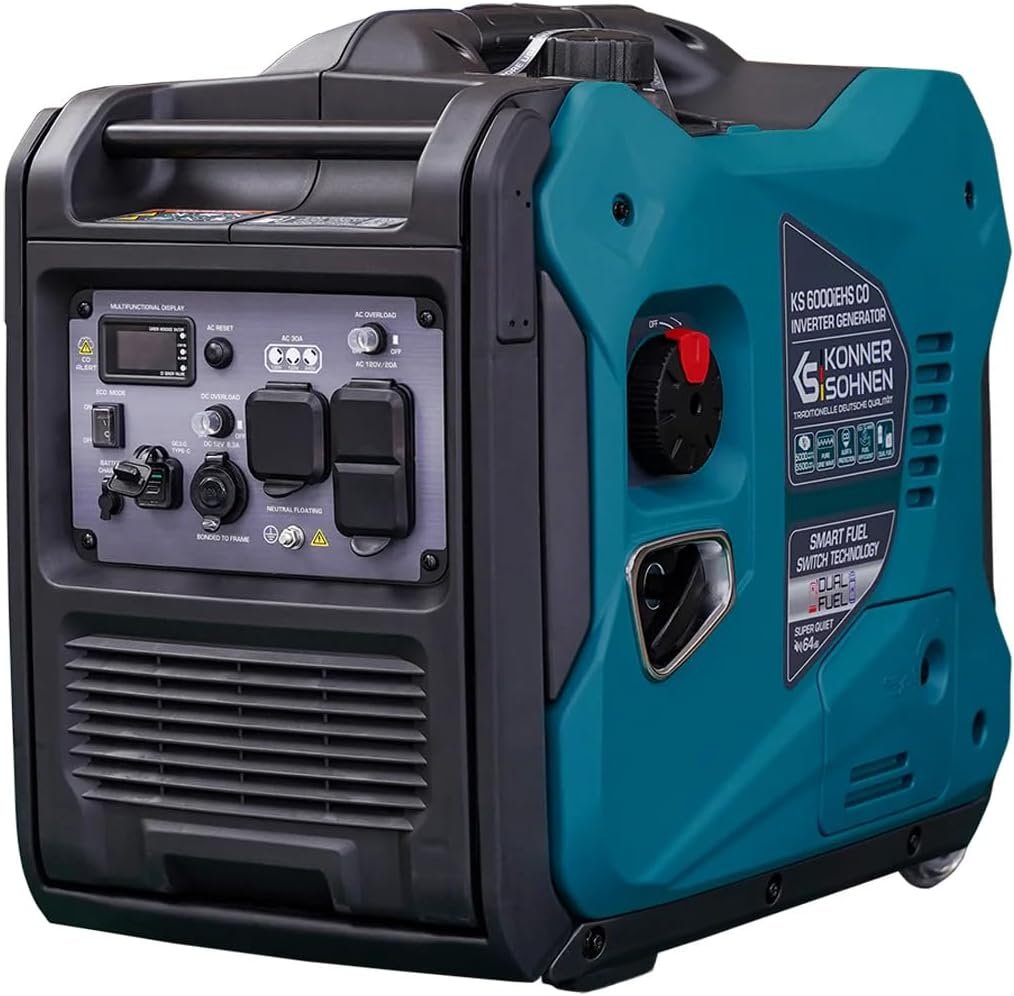 KonnerSohnen Dual Fuel Inverter Generator - 5500W, 120/240V, Portable and Lightweight, Super Quiet with CO Sensor and Fuel-Efficient Technology, Gas  LPG Powered (German brand,model:KS 6000iEHS CO)