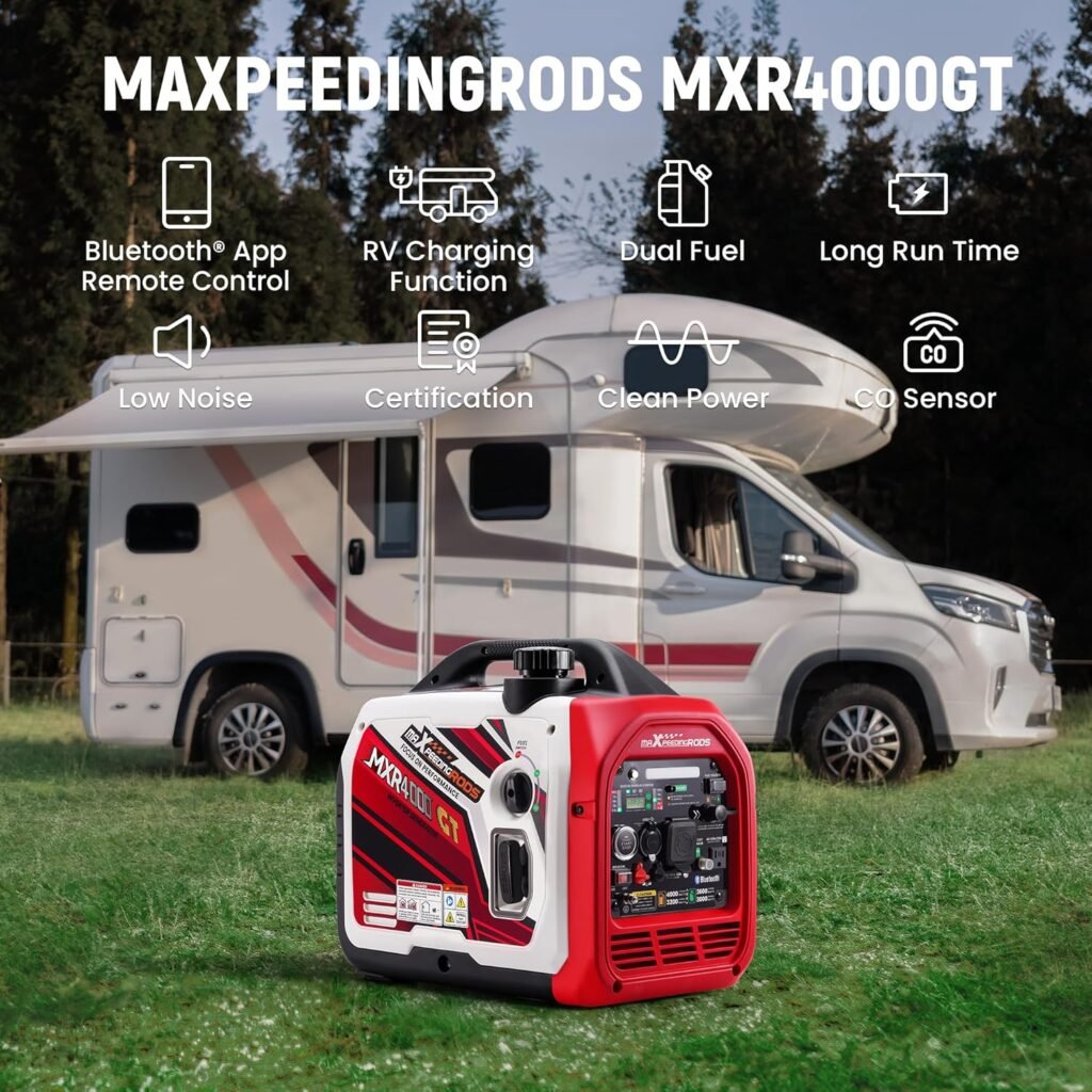 maXpeedingrods 4000 Watt Dual Fuel Inverter Generator with Bluetooth® Control Start and Display, RV Ready, Electric Start, Quiet for Outdoor Camping, Home Backup, Garden，PGMA Compliant