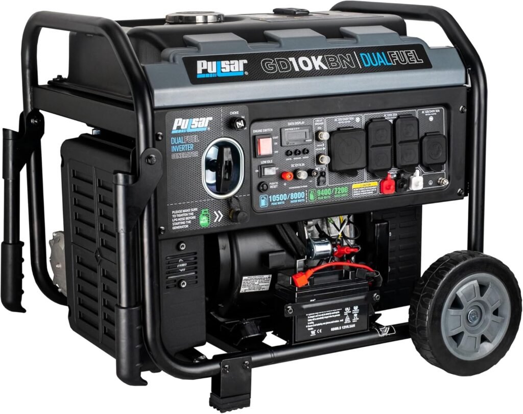 Pulsar G12KBN Heavy Duty Portable Dual Fuel Generator - 9500 Rated Watts  12000 Peak Watts - Gas  LPG - Electric Start - Transfer Switch  RV Ready - CARB Compliant