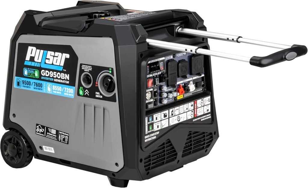 Pulsar G12KBN Heavy Duty Portable Dual Fuel Generator - 9500 Rated Watts  12000 Peak Watts - Gas  LPG - Electric Start - Transfer Switch  RV Ready - CARB Compliant