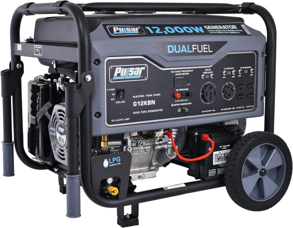 Pulsar G12KBN-SG Heavy Duty Portable Dual Fuel Generator - 9500 Rated Watts  12000 Peak Watts - Gas  LPG - Electric Start - Transfer Switch  RV Ready - CARB Compliant