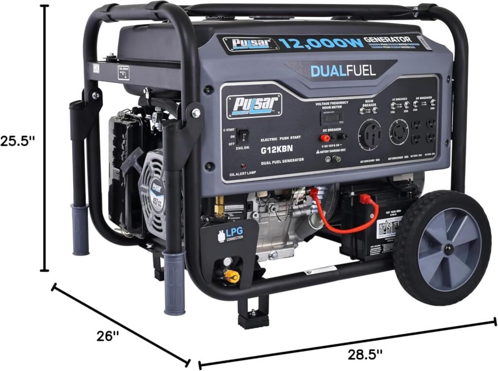 Pulsar G12KBN-SG Heavy Duty Portable Dual Fuel Generator - 9500 Rated Watts  12000 Peak Watts - Gas  LPG - Electric Start - Transfer Switch  RV Ready - CARB Compliant