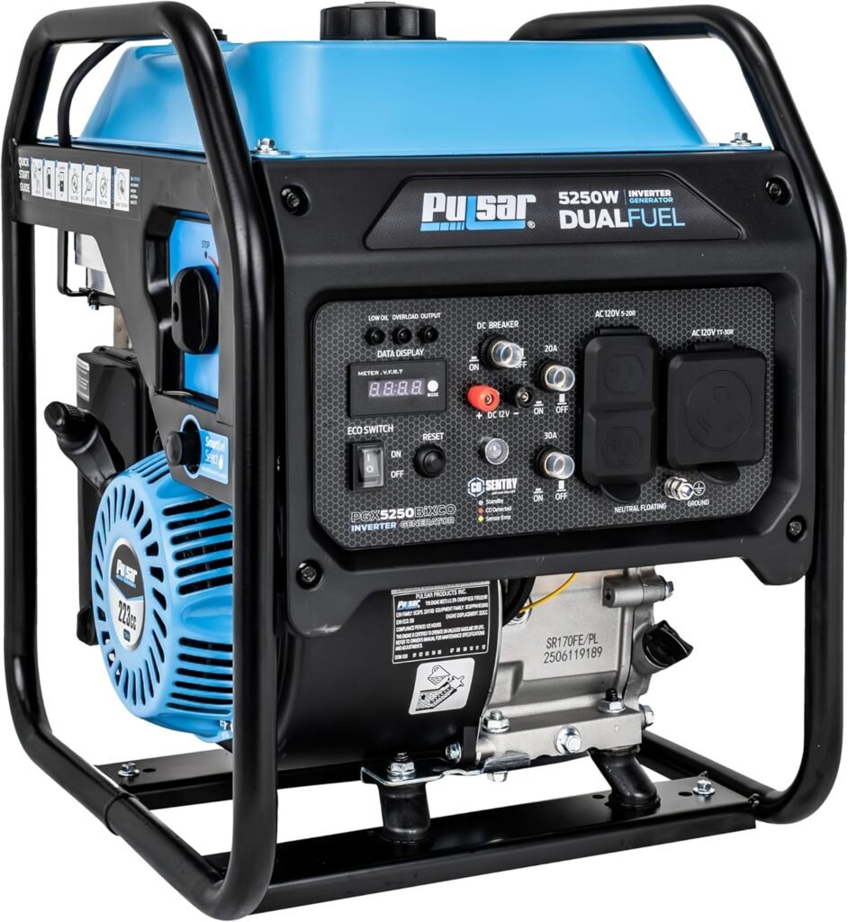 Pulsar PGX5250BiXCO 5250W Dual Fuel Inverter Generator – Gas  Propane, CO Sentry, RV Ready 30A Outlet, Digital Display, Portable Quiet Power for Home Backup, Camping  Jobsite