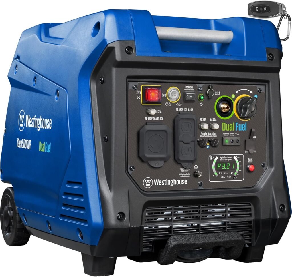 Westinghouse 5000 Peak Watt Super Quiet Dual Fuel Portable Inverter Generator, Remote Electric Start, Gas  Propane Powered, RV Ready 30A Outlet, Parallel Capable, Blue/Black