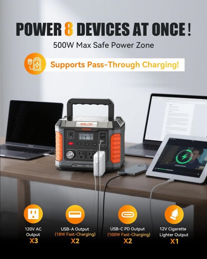 BALDR Portable Power Station, 500W Output, 288Wh Capacity, AC Outlet, USB Ports, Solar Charging Generator for Home Camping Emergency Use.…