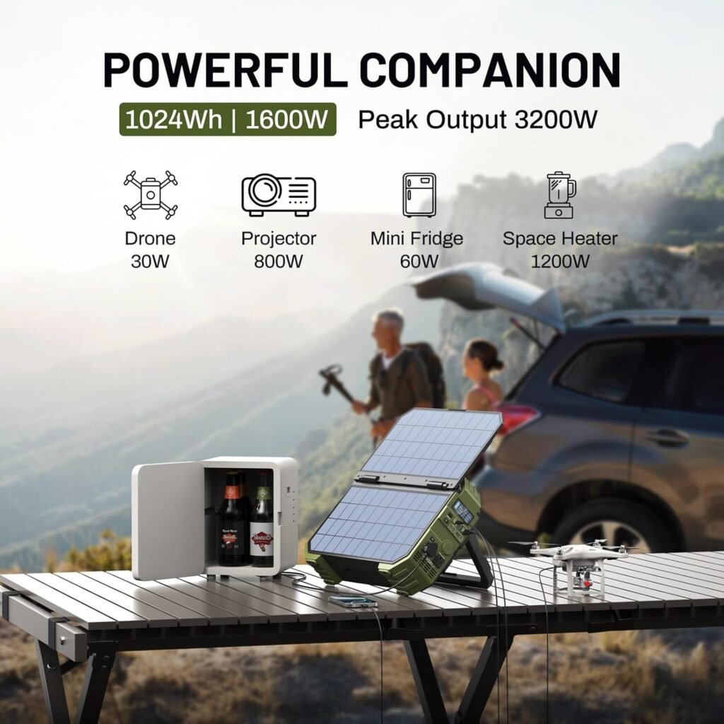 BROWEY 1600W (3200W Peak) Portable Power Station, 1024Wh LiFePO4 Battery with Built-in Solar Panel, 100W USB-C PD, Solar Generator for Camping, RV, Home Backup, Emergency