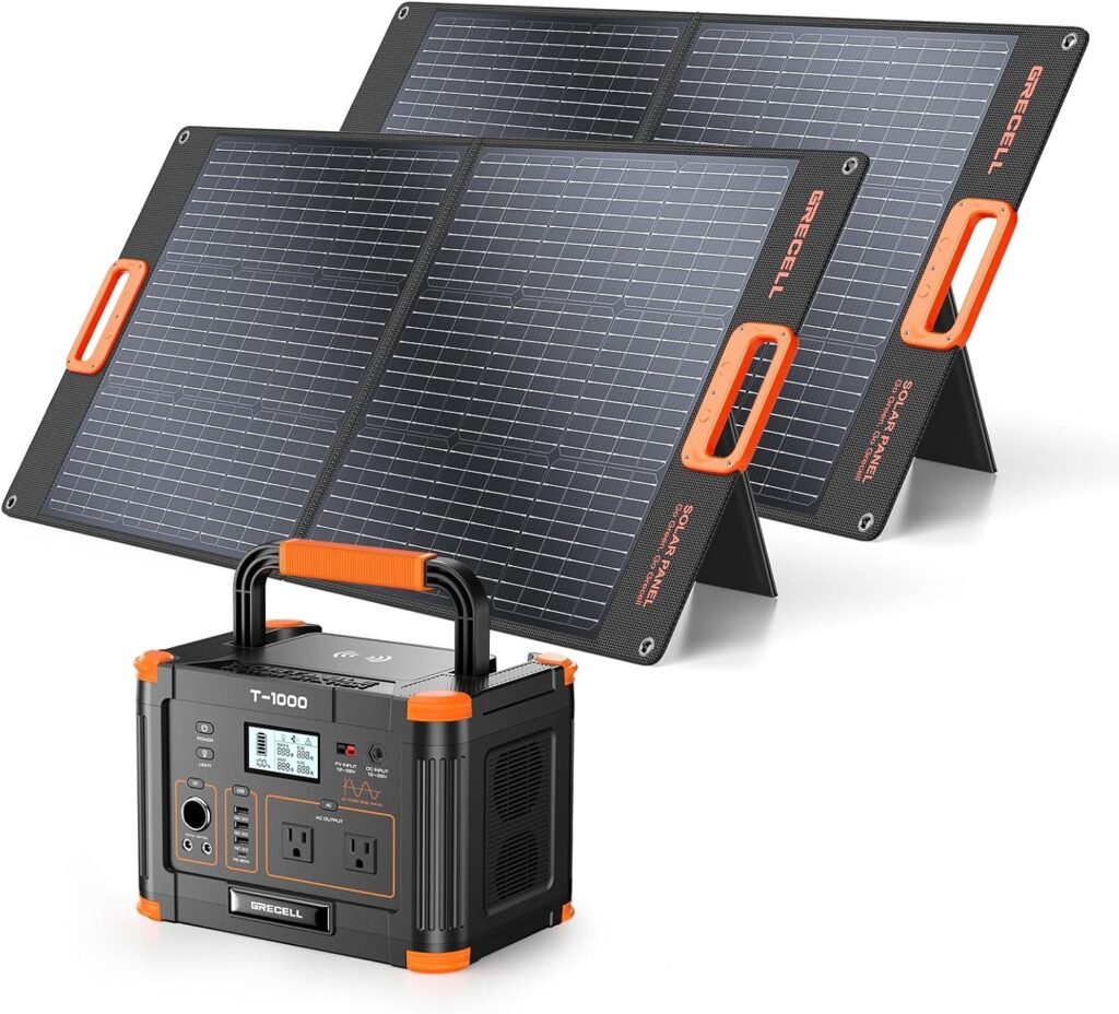 GRECELL 1000W Portable Power Station With 2x 100W Solar Panels, 999Wh Backup Lithium Battery, Pure Sine Wave AC Outlet, 60W PD Quick Charge Solar Generator Set for Outdoor Emergency Camping Travel