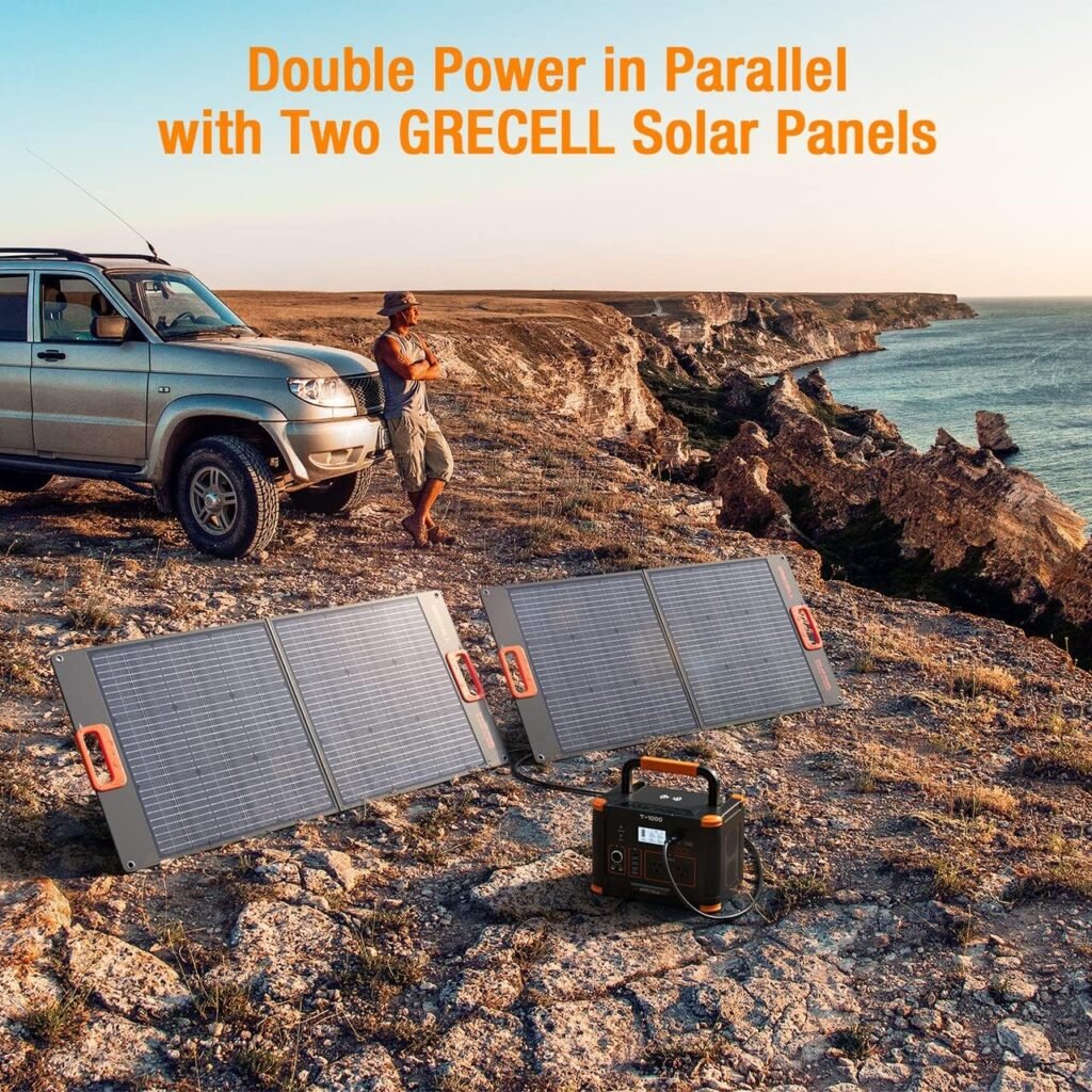 GRECELL 1000W Portable Power Station With 2x 100W Solar Panels, 999Wh Backup Lithium Battery, Pure Sine Wave AC Outlet, 60W PD Quick Charge Solar Generator Set for Outdoor Emergency Camping Travel