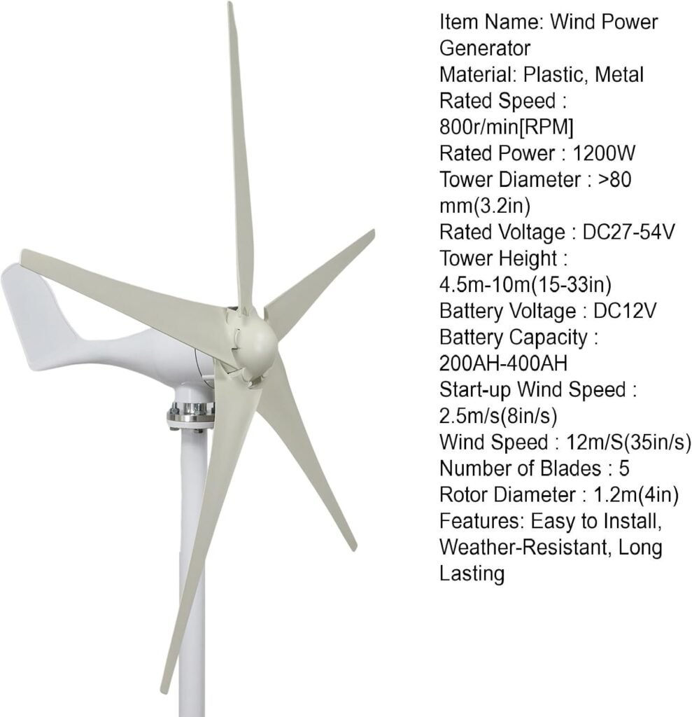 Wind Turbine 1200W 12V, Wind Turbine Generator Kit with 5 Blades, High Efficiency, Powerful Generator, Easy to Install Industrial Wind-Power Generator White