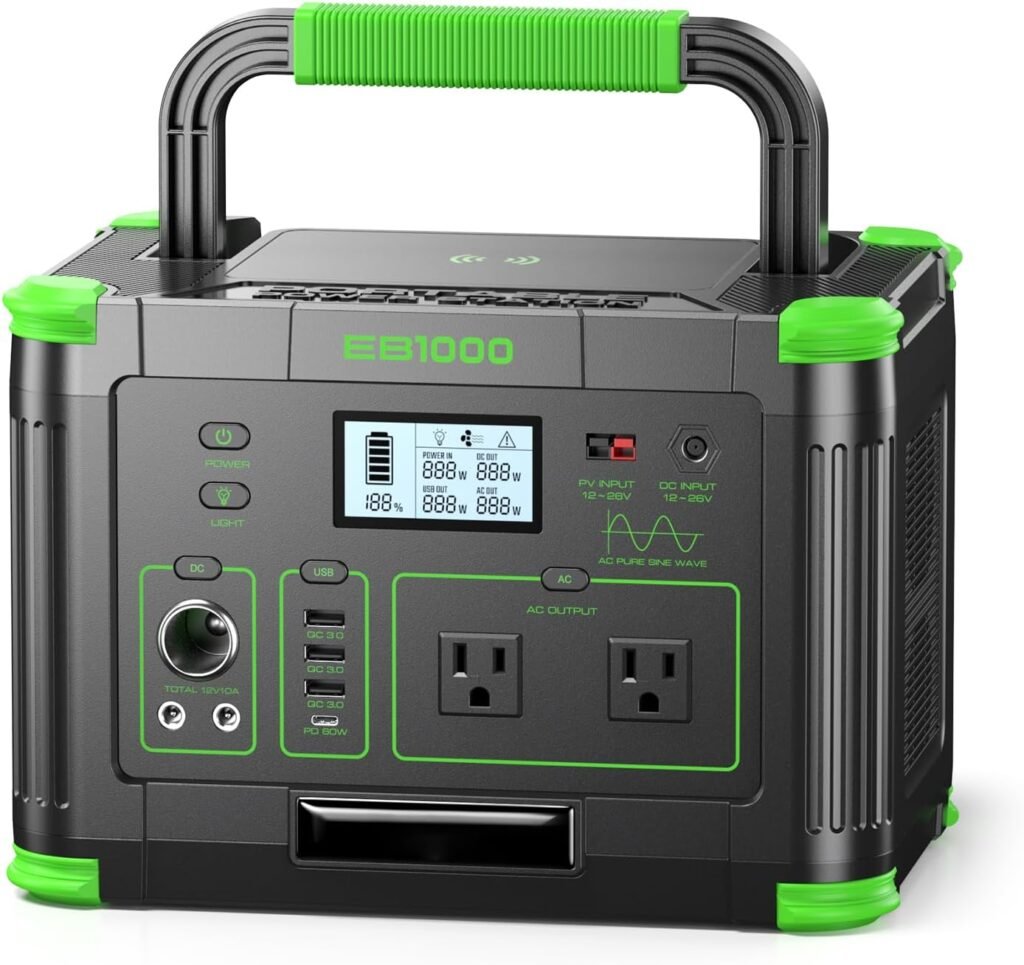 1000W Portable Power Station 999Wh, 110V Pure Sine Wave AC Outlet (2000W Peak), 60W PD USB-C  10 Ports, Solar Generator for Home Backup, Outdoor Camping, RV, Emergency, Off-Grid Living