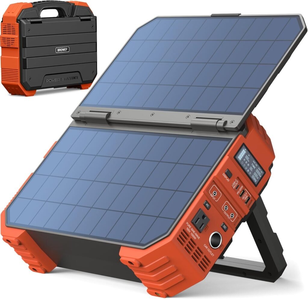 BROWEY Portable Power Station, 1000W Solar Generator with Built-in Solar Panel, 614WH/192000mAh LiFePO4 Battery Pack, AC/DC/USB/PD Outputs, for Outdoor Camping, RV Travel, Emergency Preparedness