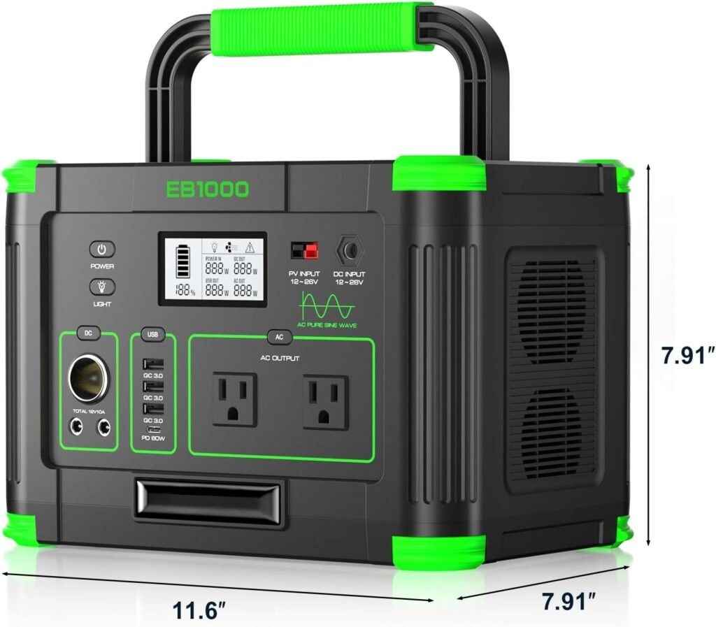Portable Power Station 1000W, 999Wh Solar Generator, 110V Pure Sine Wave AC Outlets, 60W USB-C PD Fast Charging, 10 Ports for Outdoor Camping RV Van Home Backup Emergency Off-Grid Living（2000W Peak）