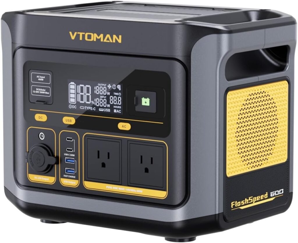 VTOMAN FlashSpeed 600 Portable Power Station, 499Wh LiFePO4 Battery, 600W AC (1200W Peak)/100W USB-C Output, Solar Generator (Solar Panel Optional) for Home Backup, Camping, Fishing, RVs