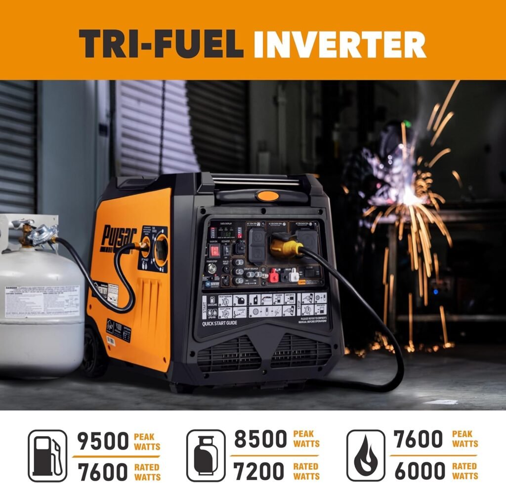 Pulsar Watt Tri Fuel Portable Inverter Generator, Remote Electric Start, CO Sensor, Parallel Capable, Super Quiet, Use for RV, Camping, Outdoor  Home, Gasoline, Propane, Natural Gas, NED95TiSRCO