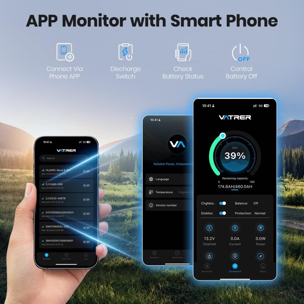 VATRER POWER 12.8V 460Ah Self-Heating LiFePO4 RV Battery, APP Monitoring, Built-in 300A BMS, Max. 3840W Load Power, 5880Wh Usable Energy, 5000+ Cycles Lithium Battery, Perfect for RV, Motorhomes VATRER POWER 12.8V 460Ah Self-Heating LiFePO4 RV Battery, APP Monitoring, Built-in 300A BMS, Max. 3840W Load Power, 5880Wh Usable Energy, 5000+ Cycles Lithium Battery, Perfect for RV, Motorhomes