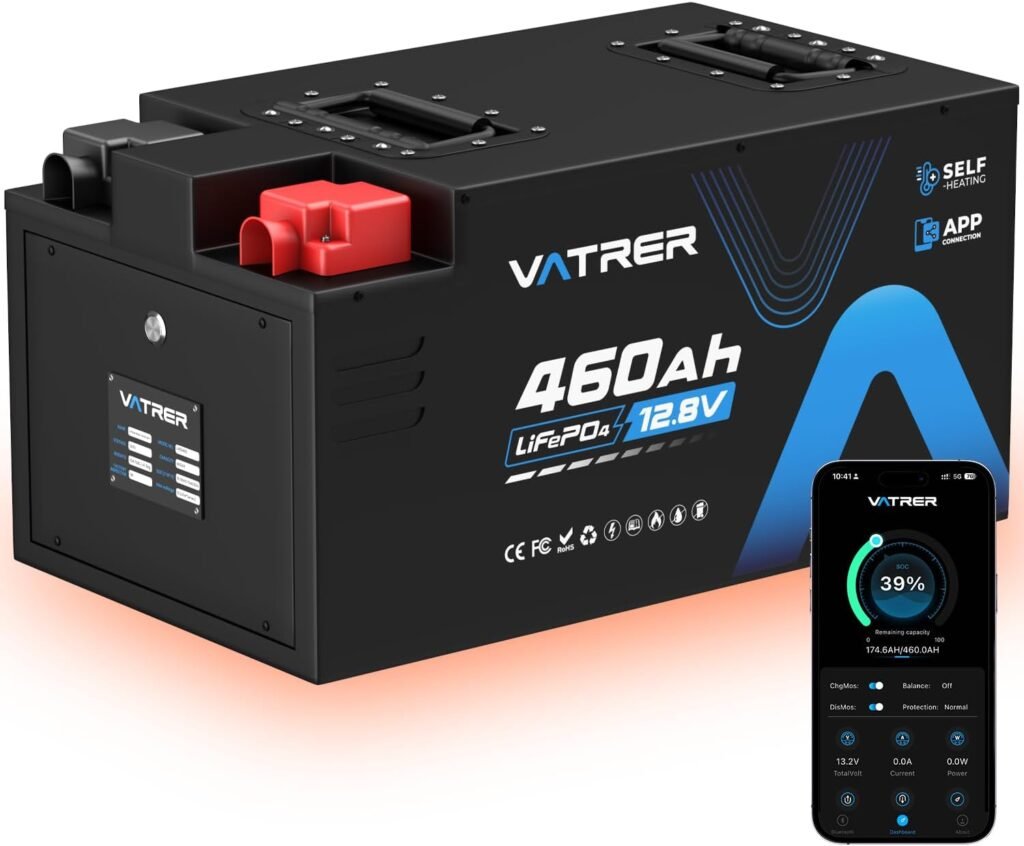VATRER POWER 12.8V 460Ah Self-Heating LiFePO4 RV Battery, APP Monitoring, Built-in 300A BMS, Max. 3840W Load Power, 5880Wh Usable Energy, 5000+ Cycles Lithium Battery, Perfect for RV, Motorhomes VATRER POWER 12.8V 460Ah Self-Heating LiFePO4 RV Battery, APP Monitoring, Built-in 300A BMS, Max. 3840W Load Power, 5880Wh Usable Energy, 5000+ Cycles Lithium Battery, Perfect for RV, Motorhomes